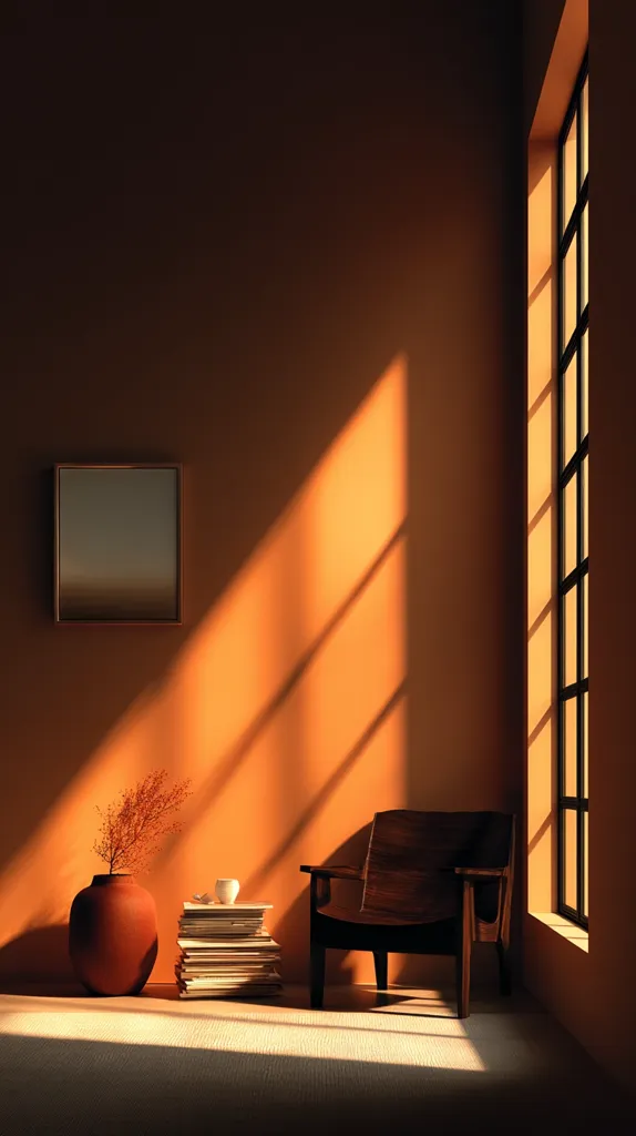 Warm sunlight streams through a large window in a minimalist room, casting long shadows across an orange wall. A dark wooden armchair sits near a stack of books and a terracotta vase holding dried branches.  A small, white cup rests atop the books. The overall ambiance is serene and peaceful. A muted landscape painting hangs on the wall.