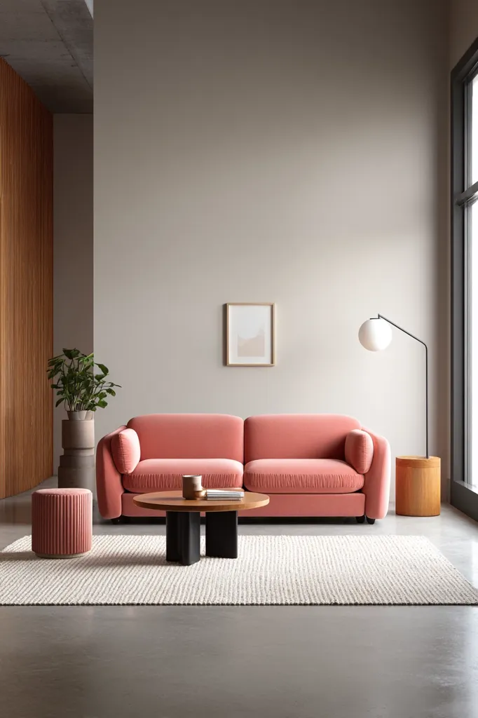 A salmon-pink velvet sofa sits in a minimalist living room, centered on a cream-colored rug. A low, dark wood coffee table rests before it, with a few objects on its surface.  Neutral-toned walls and a wood-paneled accent wall create a calm backdrop.  Small coral-colored stools and a wooden cube add subtle color pops.  A floor lamp with a spherical shade illuminates the scene, complementing the simple elegance of the design.