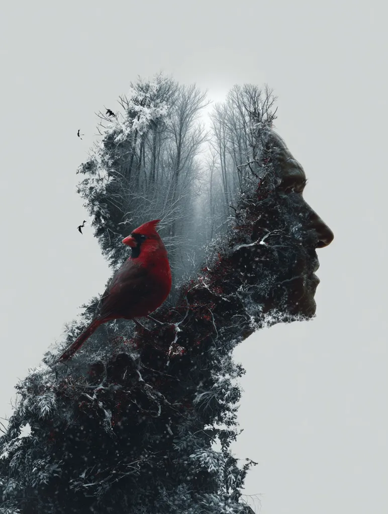A double exposure image depicts a man's profile subtly merging with a snowy winter landscape.  A vibrant red cardinal perches on a snow-covered branch within the man's form, creating a striking contrast against the muted tones of the scene.  The overall effect is one of serene contemplation and the interconnectedness of nature and humanity.  Small birds are visible in the background.