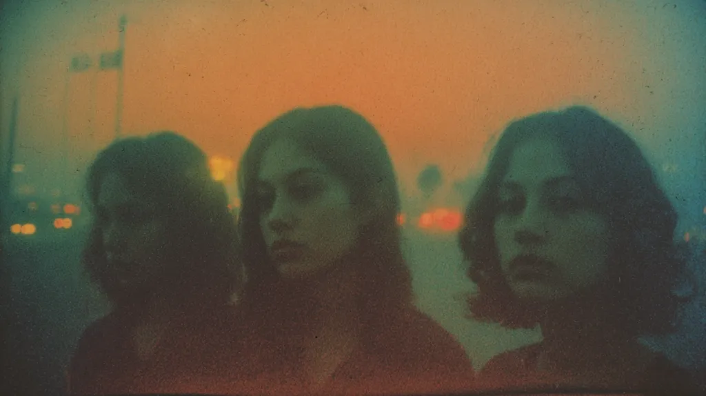 A blurry, vintage-style photograph depicts three women standing shoulder-to-shoulder, their faces partially obscured.  The image is washed in warm, orange and teal tones, creating a hazy, dreamlike atmosphere.  A blurred city backdrop of lights and buildings is visible behind them. The overall effect is nostalgic and slightly mysterious.