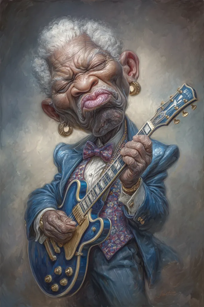 A caricature of B.B. King playing a Gibson guitar.  His exaggerated features—large ears, expressive face, and prominent lips—are rendered in a painterly style with rich textures and colors. He's dressed in a blue suit and vest, his hands expertly positioned on the instrument. The artwork is vibrant and captures the essence of the blues legend.