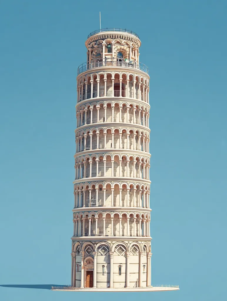 The Leaning Tower of Pisa stands tall against a clear blue sky.  Its iconic, leaning structure is clearly visible, showcasing its multiple tiers of arched galleries and intricate stonework. The tower's creamy white color contrasts beautifully with the background, highlighting its architectural details and historical significance.  A small entrance is visible at its base.