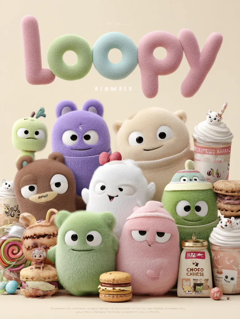 A group of adorable, plush Loopies, each with unique expressions and colors, are gathered together.  Surrounding them are various sweets: macarons, a lollipop, and whipped cream drinks.  The word "Loopy" is displayed prominently in pastel-colored lettering above the characters, creating a cheerful and whimsical scene.  A jar of "Choco Gkhess" is also visible.