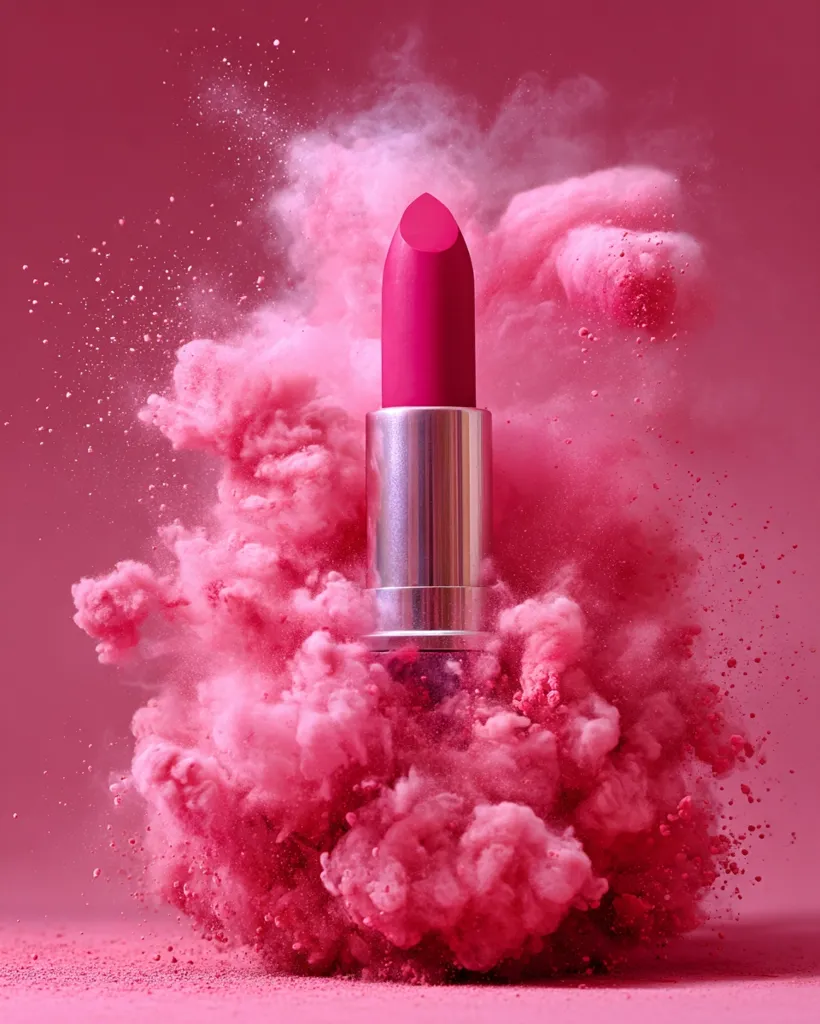A vibrant pink lipstick tube is shown amidst a burst of pink powder, creating a dramatic and colorful explosion. The lipstick's metallic casing contrasts with the soft, cloud-like powder.  The image is set against a matching pink background, enhancing the overall boldness and vibrancy. The scene evokes a sense of energy and excitement, visually representing the impact and appeal of the product.