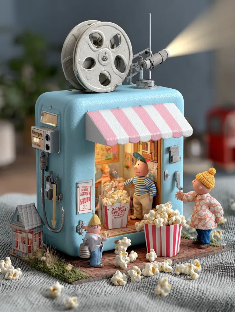 A miniature diorama depicts a whimsical popcorn stand, integrated into a vintage-style movie projector.  Tiny figurines interact around the stand, purchasing popcorn.  The scene is meticulously detailed, with a charming, nostalgic atmosphere.  The projector's reel spins atop the light-blue stand, showcasing a quaint and imaginative setting.  Scattered popcorn adds to the playful composition.