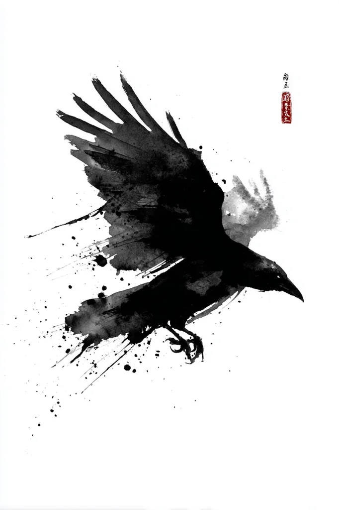 A dramatic ink wash painting depicts a crow in flight.  The black bird is rendered with bold strokes and splatters, creating a sense of motion and energy.  Its wings are spread wide, and its talons are visible. The style is reminiscent of East Asian art, with a minimalist aesthetic and emphasis on the flow of the ink.  The background is stark white, further highlighting the crow.