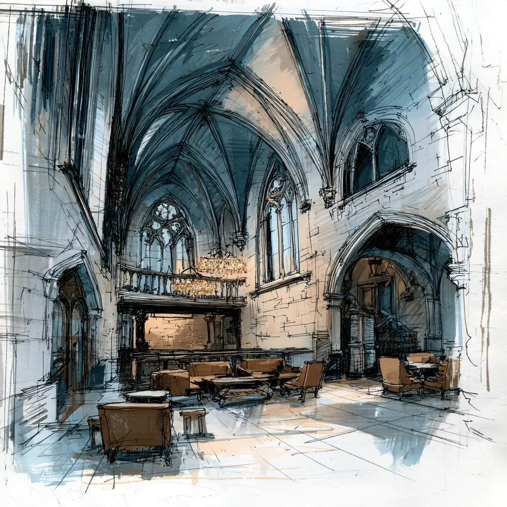 A stylized sketch depicts a grand, gothic-style hall.  High arched ceilings and stone walls create a majestic atmosphere.  Furnishings include comfortable armchairs and sofas arranged around low tables, suggesting a lounge or waiting area. A large chandelier hangs above a raised section, adding to the opulent ambiance.  The artist's loose lines and muted color palette emphasize the architectural details and create a sense of depth.