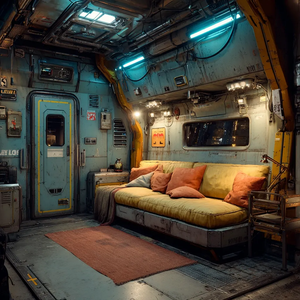 A digital rendering depicts a cozy, futuristic living space within a spaceship or space station.  A mustard-colored couch, adorned with pillows, is the room's focal point.  The walls are metallic, showing wear and tear, with exposed wiring and various panels.  A small rug and side table complete the scene, creating a lived-in atmosphere despite the unusual setting.  The overall ambiance is warm and inviting, contrasting the cold, industrial aesthetic of the surroundings.