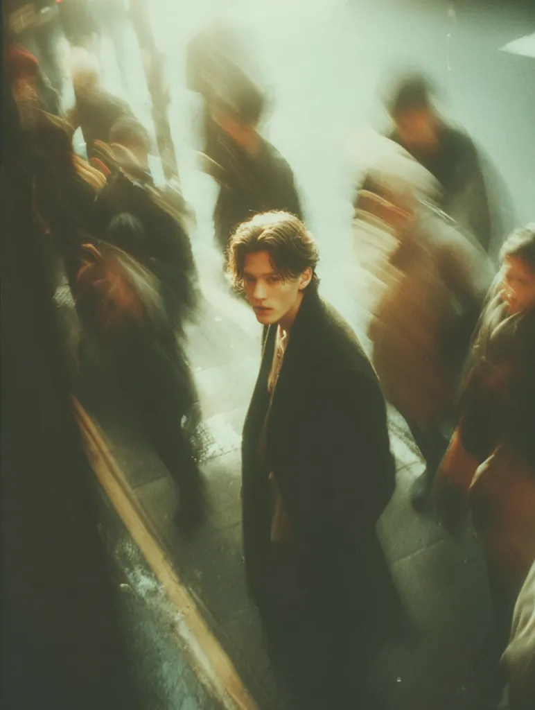 A young man with dark hair and a dark coat stands out amidst a blurred crowd of pedestrians. The image is washed with a soft, hazy light, creating a dreamy, almost ethereal atmosphere. The focus is sharply on the central figure, while the surrounding people are rendered as motion blurs, emphasizing his isolation and presence.  The overall mood is melancholic and introspective.