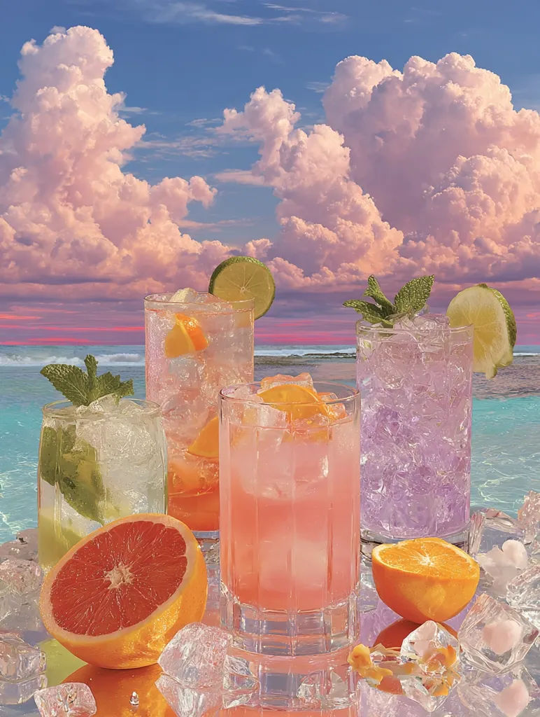 Four refreshing cocktails, garnished with citrus fruits and mint, sit on a reflective surface against a backdrop of a vibrant sunset over a tranquil ocean.  Pink and purple hues dominate the drinks, reflecting the sky's colors.  Ice cubes add a cool touch, enhancing the idyllic beach scene.  The image evokes a sense of summer relaxation and tropical escape.