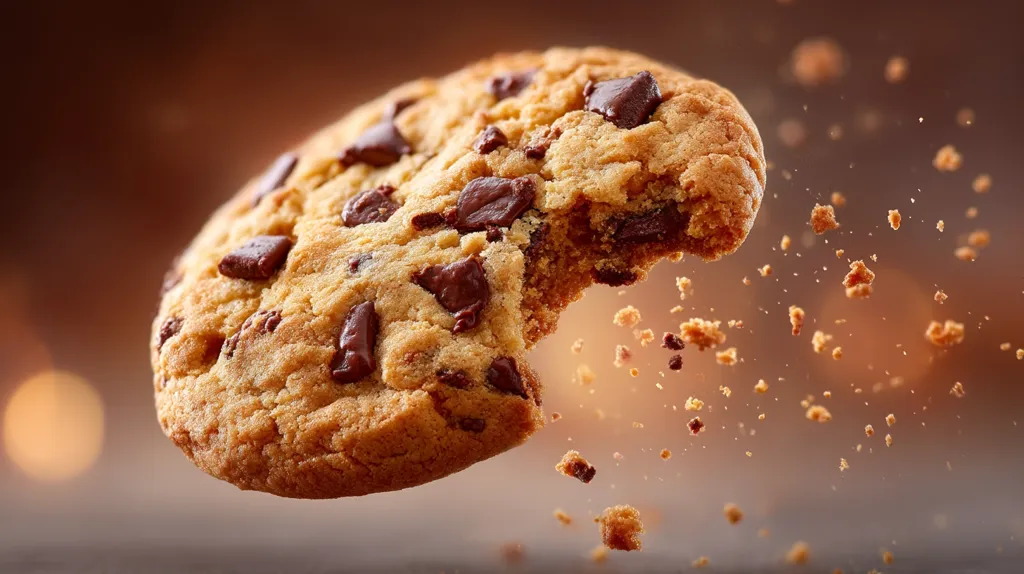 A delicious chocolate chip cookie is captured mid-air, a bite taken from it.  Crumbs are scattered in its wake, creating a dynamic and tempting image. The cookie's golden-brown surface is speckled with dark chocolate chunks.  The blurred background emphasizes the cookie's texture and the airborne crumbs.