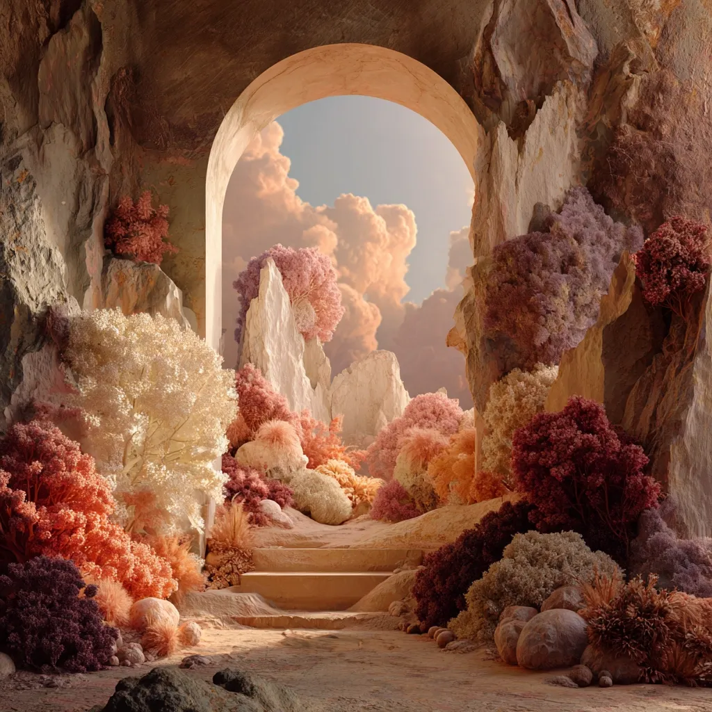 A surreal landscape is revealed through an arched stone doorway.  Pastel-colored flora, resembling coral or flowers, flourishes amidst pale rock formations.  A gentle stairway leads into the scene, bathed in soft sunlight filtering through a partly cloudy sky.  The overall aesthetic is dreamlike and peaceful, evoking a sense of tranquility and wonder.