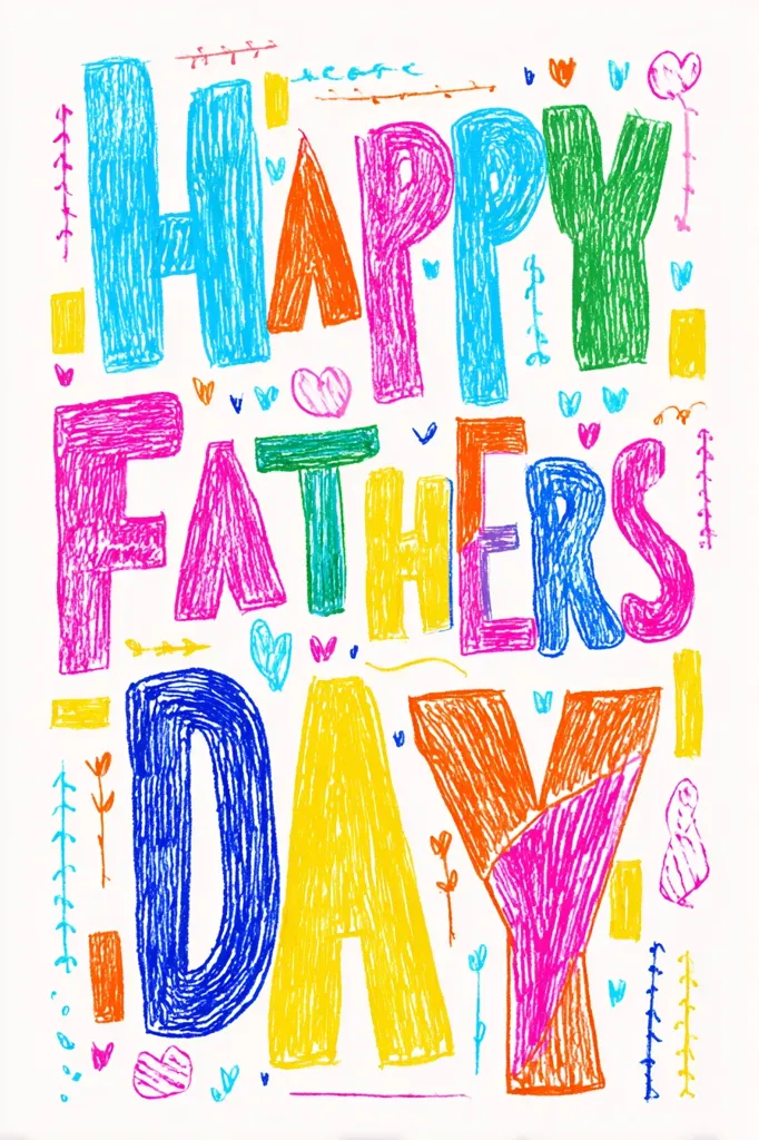 A colorful, hand-drawn "Happy Father's Day" greeting card.  The words are large and vibrant, created with crayon-like strokes in various colors.  Small, decorative elements like hearts, flowers, and geometric shapes are scattered around the lettering, adding to the playful and whimsical design. The overall style is childlike and expressive.
