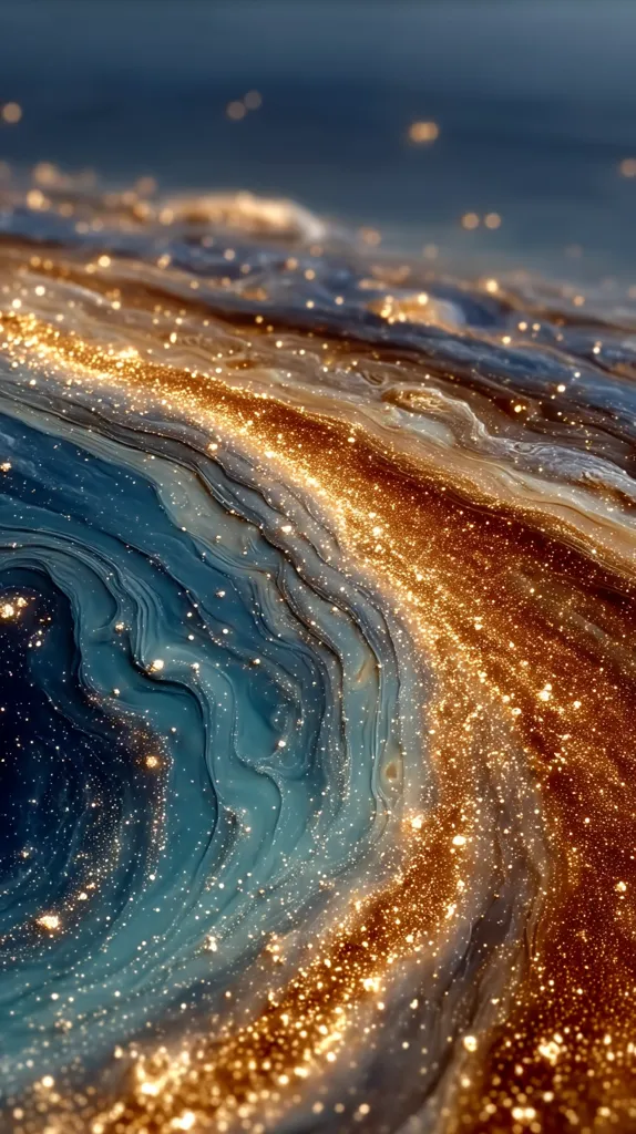 A mesmerizing abstract image features a swirling blend of deep teal and gold, resembling a cosmic landscape.  Golden glitter is generously dispersed, creating a sparkling, luminous effect. The fluid, marbled texture suggests movement and depth, evoking feelings of wonder and luxury. The color palette is rich and opulent, with contrasting shades of dark blue and shimmering gold.
