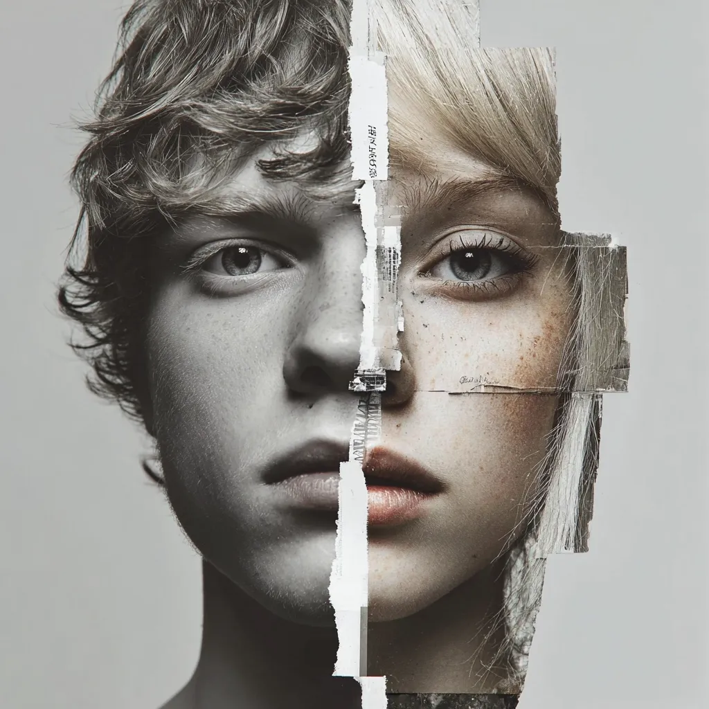 A striking portrait, digitally manipulated, showcases two faces: a young man's in grayscale on the left, and a young woman's in muted tones on the right.  The faces are seamlessly merged, divided by a vertical line of torn paper, creating a fragmented yet unified image.  The contrast in their styles and coloring emphasizes the duality of the composition.  The overall aesthetic is both artistic and slightly melancholic.