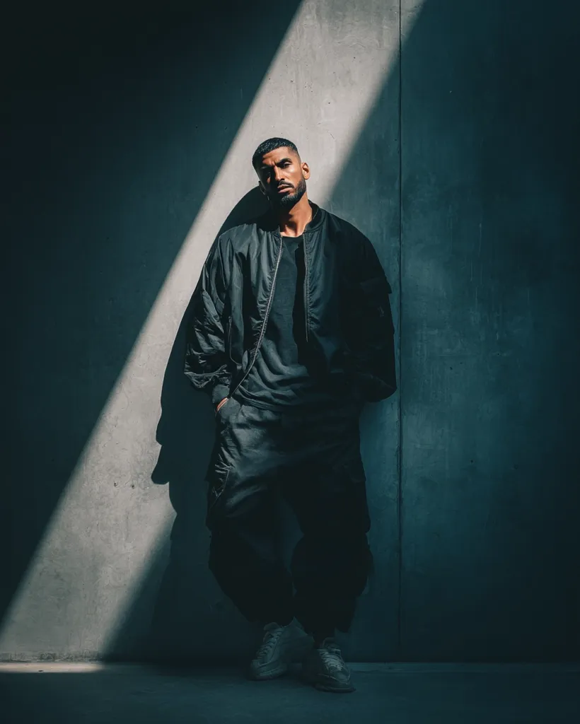 A man with short dark hair and a beard stands against a concrete wall, illuminated by a diagonal shaft of sunlight. He wears a dark bomber jacket, black pants, and light-colored sneakers. His posture is relaxed, hands in pockets, gazing slightly upward. The image is moody and stylish, with a strong contrast between light and shadow.  The overall aesthetic is urban and contemporary.