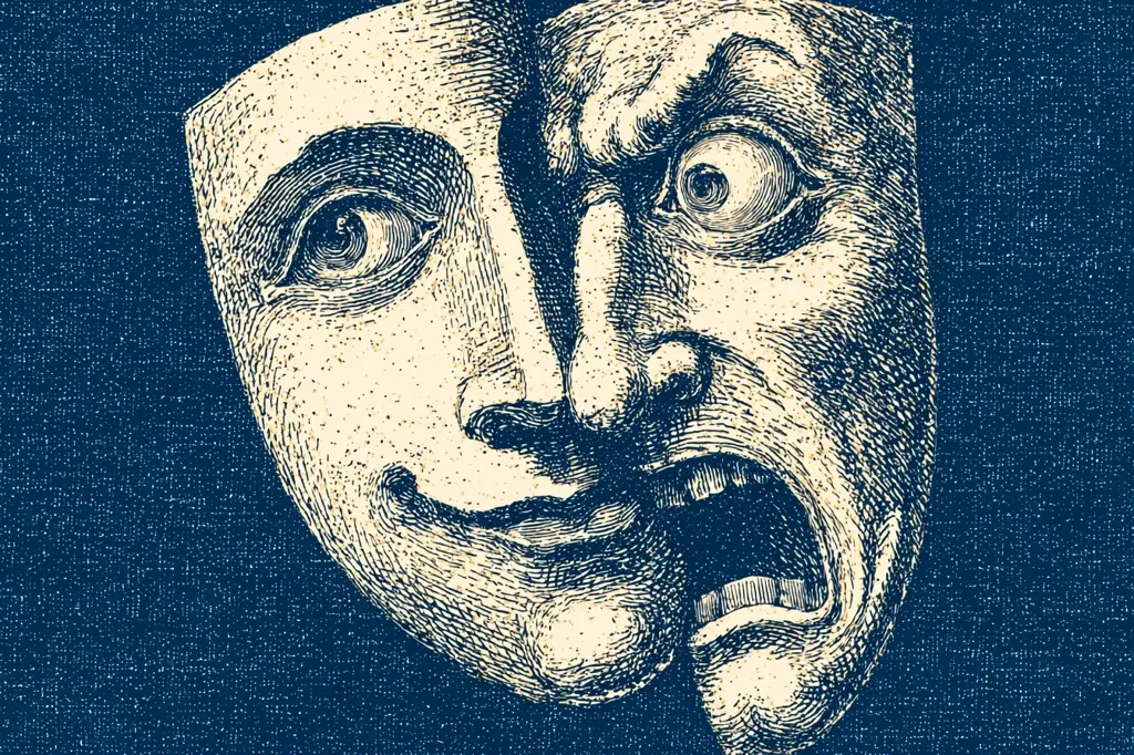 A detailed illustration depicts a theatrical mask split in two, revealing contrasting emotions. One half displays a serene, smiling face, while the other shows a ferocious, angry expression with a wide, open mouth. The intricate linework creates a stark contrast between the peaceful and enraged expressions, symbolizing duality or inner conflict. The image is rendered in a vintage style, evoking a sense of classic theater or historical artistry.