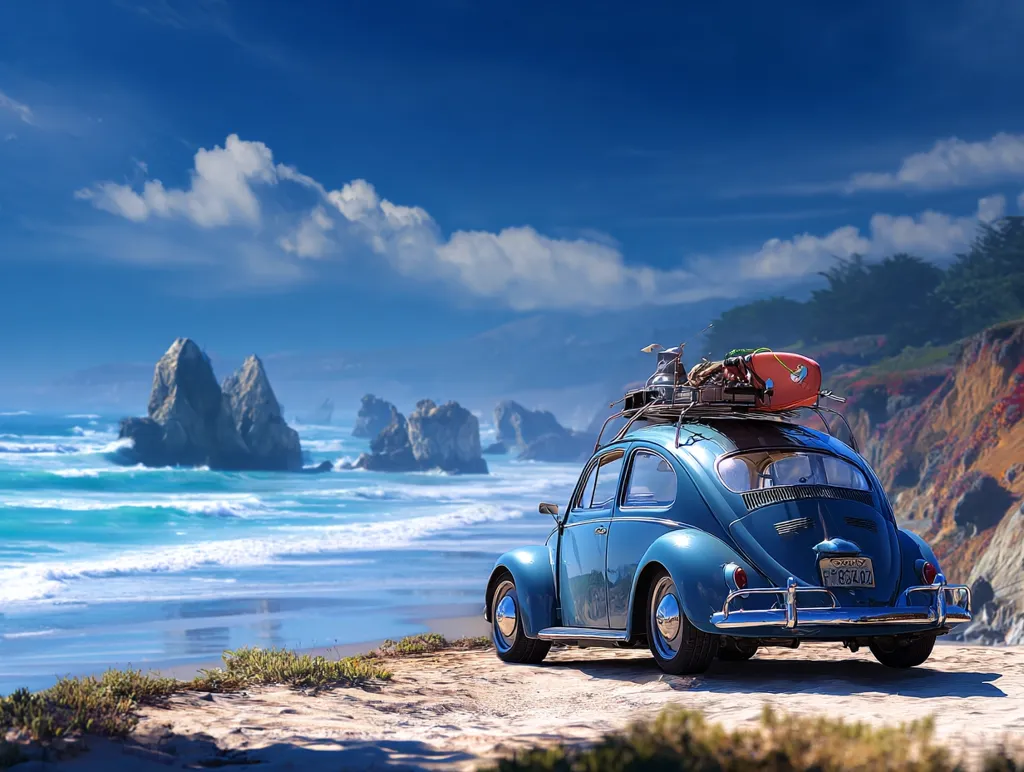 A vintage blue Volkswagen Beetle, loaded with surfboards and luggage, sits parked on a sandy beach overlooking a dramatic ocean vista.  Rugged rock formations rise from the turquoise water, under a bright, partly cloudy sky. The scene evokes a sense of carefree adventure and coastal freedom.