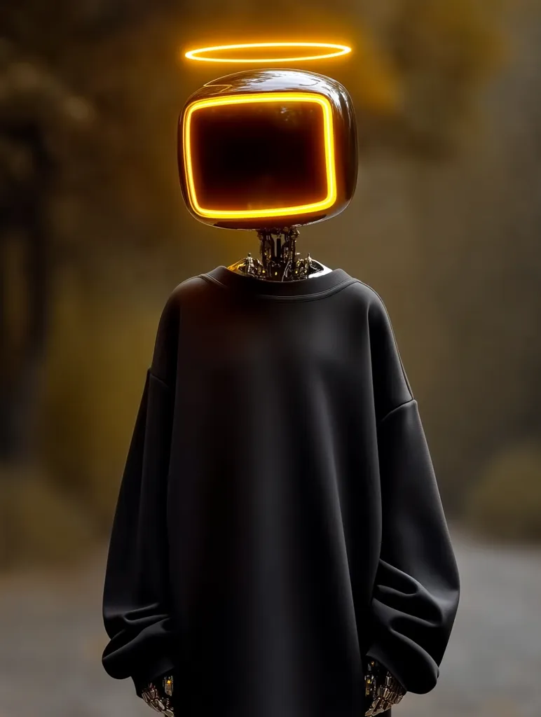 A digital rendering depicts a robot with a sleek, black, box-shaped head featuring a glowing orange square.  A golden halo encircles its head. The robot is dressed in a simple, oversized black sweatshirt. The overall aesthetic is dark, futuristic, and slightly surreal, suggesting a blend of technology and spirituality. The background is blurred, focusing attention on the robot figure.
