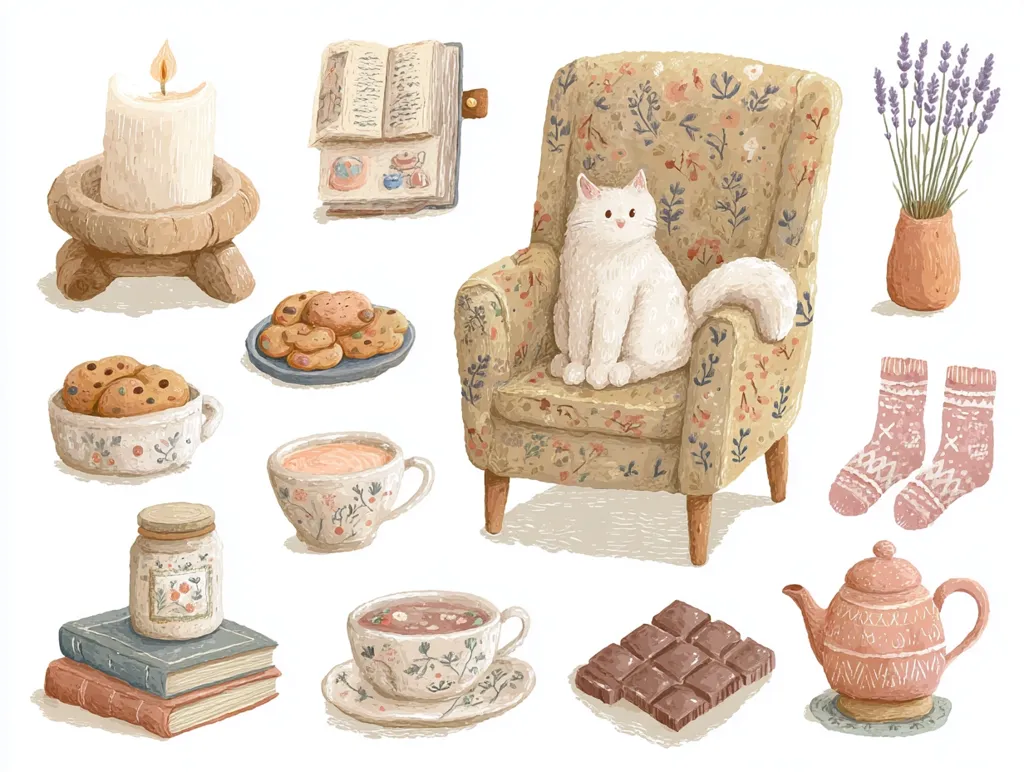 A cozy illustration features a white cat sitting in a floral armchair, surrounded by comforting objects: a lit candle, stacks of books, mugs of tea, cookies, chocolate, a jar, lavender in a pot, and cozy socks. The scene evokes a feeling of warmth, relaxation, and contentment.  The painterly style adds to the overall homely atmosphere.