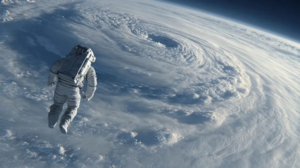 A lone astronaut floats in space, their spacesuit stark against the swirling backdrop of a massive hurricane below.  The vastness of the Earth's atmosphere is emphasized by the powerful storm, creating a dramatic and awe-inspiring scene.  The astronaut's small figure highlights the scale of the natural phenomenon and the fragility of human existence in the face of such power.