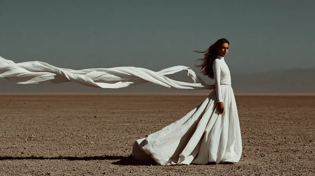 A woman in a flowing white dress stands in a desolate landscape.  A long, white fabric trails behind her, billowing in the wind. The vast, empty expanse of tan earth stretches to the horizon under a muted sky. The image evokes a sense of solitude and freedom.