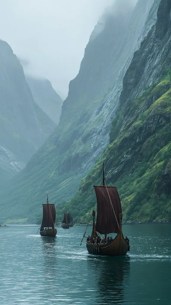 Three Viking longships sail through a serene fjord, their dark sails contrasting against the misty, verdant mountains.  The water is calm, reflecting the overcast sky.  The scene evokes a sense of mystery and adventure, reminiscent of ancient Norse sagas. The towering cliffs rise steeply from the water's edge, creating a dramatic and awe-inspiring landscape.
