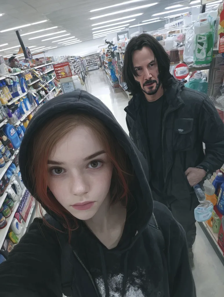 A young woman with reddish-brown hair, wearing a black hoodie, takes a selfie with Keanu Reeves in a grocery store aisle.  Reeves stands behind her, looking serious in his dark jacket.  Store shelves stocked with various products line the background. The image has a slightly surreal, artistic quality.
