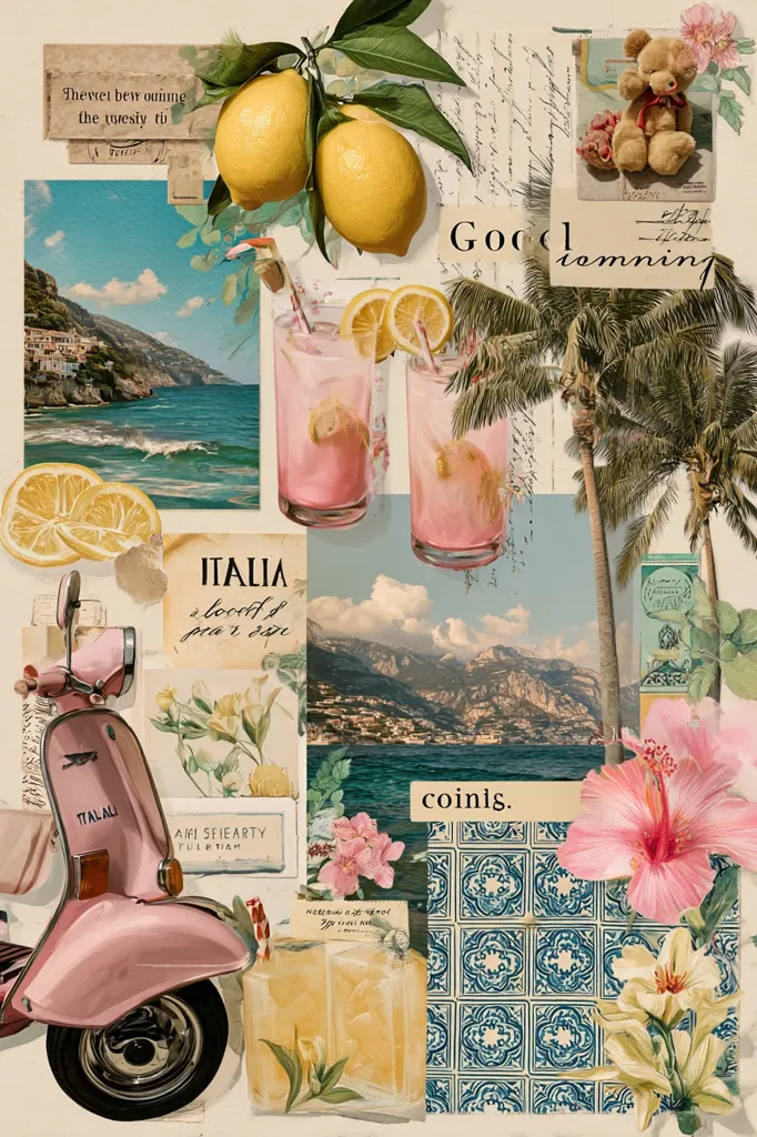 A vibrant collage evokes a dreamy Italian summer.  Pink lemonade drinks sit beside images of coastal towns, a pastel pink Vespa scooter, lemons, hibiscus flowers, and palm trees.  Vintage postcards and handwritten notes add a nostalgic touch, creating a cheerful and idyllic mood.  The overall aesthetic is bright, playful, and reminiscent of travel and relaxation.