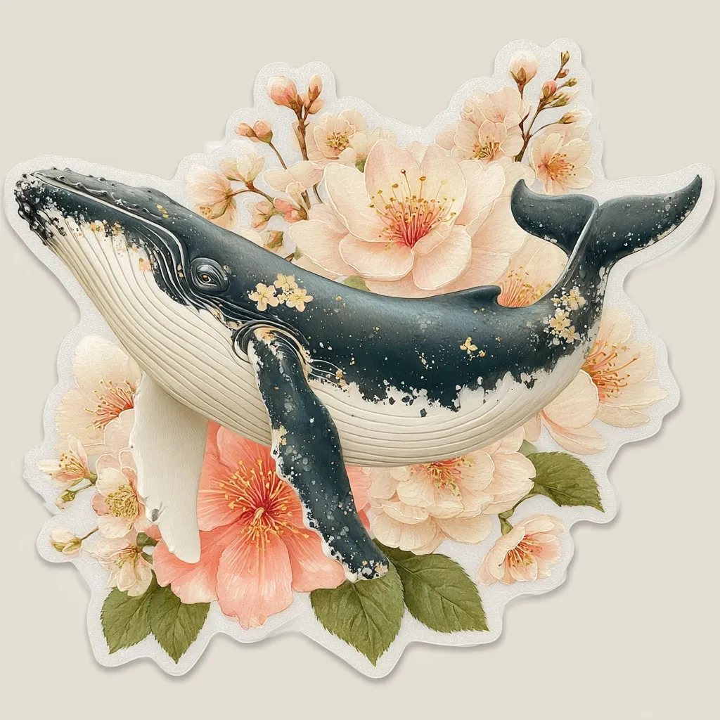 A humpback whale, rendered in exquisite detail, is depicted swimming amidst a vibrant array of delicate peach-colored blossoms.  The whale's dark, textured skin is speckled with gold, contrasting beautifully with the soft flowers. The overall aesthetic is serene and whimsical, blending the majestic whale with the delicate beauty of nature's flora.  The image is likely a sticker or print, showcasing a harmonious union of marine life and blossoming flowers.