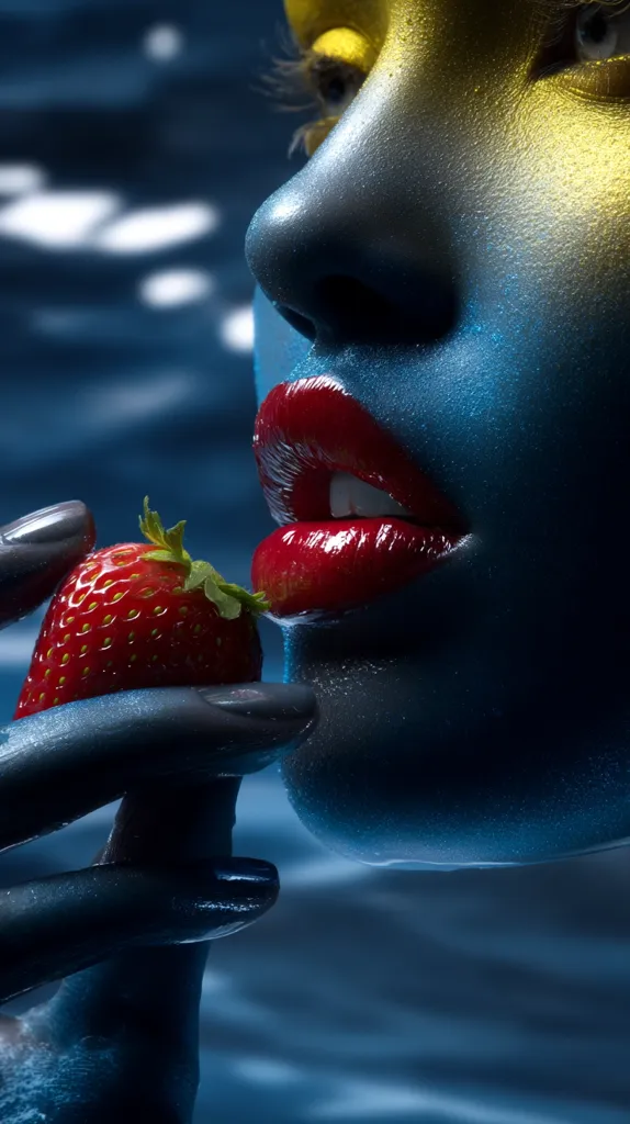Close-up of a woman's face adorned with blue and gold body paint.  Her lips are a vibrant red, and she delicately holds a ripe strawberry near her mouth. The backdrop suggests an underwater or aquatic setting, enhancing the surreal and artistic nature of the image. The contrast between the bold colors and the sensual act creates a captivating visual.
