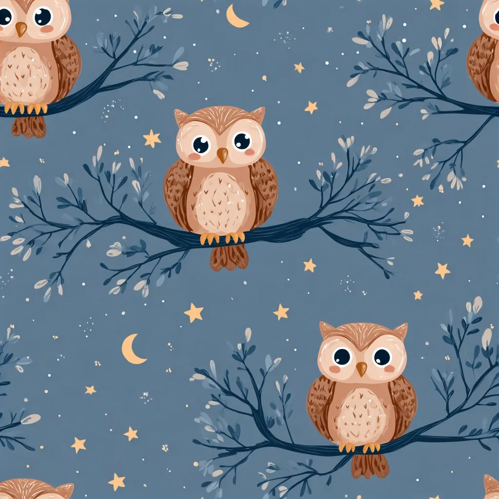 A charming seamless pattern features adorable brown owls perched on delicate branches against a night sky.  Stars and crescent moons add to the whimsical, nocturnal scene.  The owls have large, expressive eyes, and the branches are adorned with small leaves. The overall style is cute and childlike, perfect for fabric, wallpaper, or children's products.