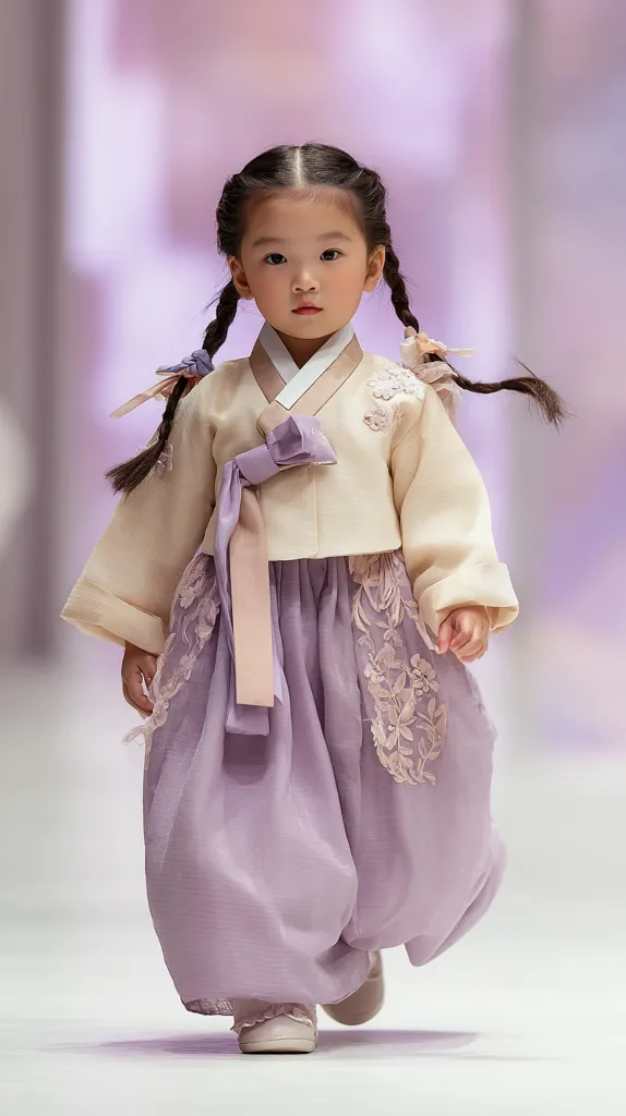A young girl confidently strides down a runway, showcasing a stunning lavender-hued Hanbok.  The traditional Korean dress features delicate embroidery and a pale beige jacket, complemented by a soft lilac skirt.  Her hair is styled in neat braids, enhancing her charming and poised demeanor.  The overall effect is one of elegance and youthful grace.