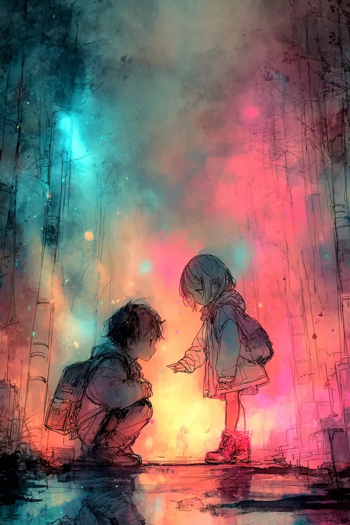 A digital painting depicts two children, a boy and a girl, in a whimsical forest setting.  The style is loose and impressionistic, with vibrant, almost ethereal, colors of teal and pink dominating the background.  The children, carrying backpacks, seem to be interacting, perhaps sharing a moment of quiet understanding or a secret.  The overall mood is serene and slightly melancholic, enhanced by the soft, dreamlike atmosphere.