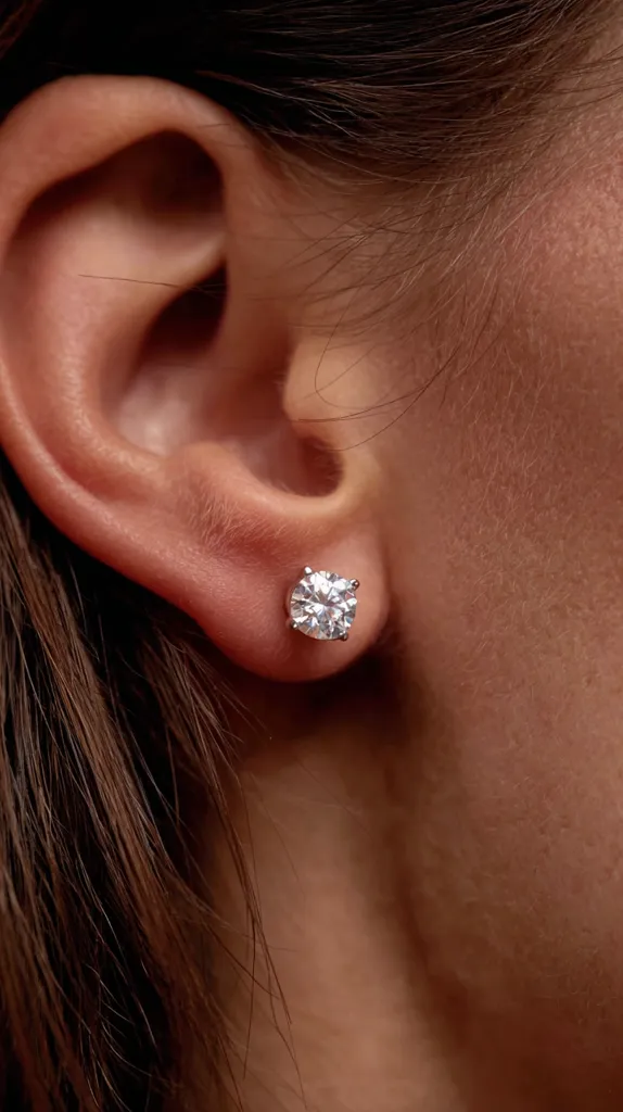 Close-up view of a person's ear adorned with a single, sparkling diamond stud earring. The earring is round and sits neatly against the earlobe. The person's hair is dark brown and partially visible. The image focuses on the earring and the ear, highlighting the simple elegance of the jewelry.  The skin tone is light to medium.