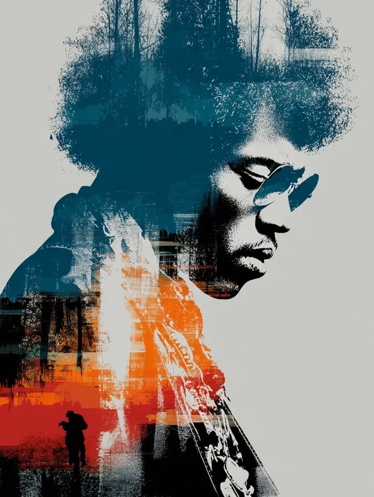 A stylized portrait of Jimi Hendrix, his iconic afro overlaid with a landscape of trees and a sunset.  The image uses a layered, abstract technique, blending the musician's likeness with nature's imagery.  Bold colors of teal, orange, and black create a striking visual effect.  A small, solitary figure is visible in the background landscape adding a sense of depth and solitude.