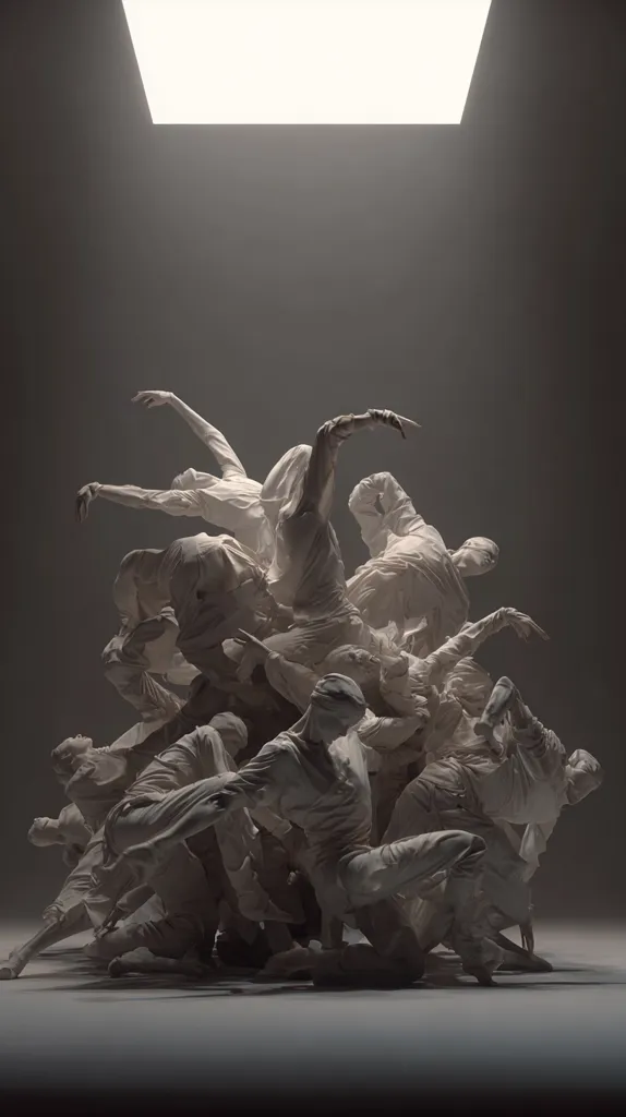 A striking 3D render depicts a complex sculpture of numerous figures, appearing to be dancers or acrobats, intertwined in a dynamic, chaotic heap.  Clad in flowing, white, cloth-like material, the figures are illuminated from above by a bright, square light source, casting dramatic shadows and emphasizing their intricate poses. The overall effect is one of motion frozen in time, a powerful and evocative image.