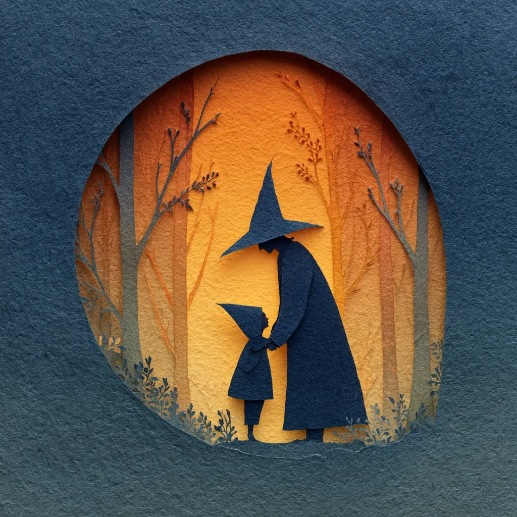 A captivating paper-cut artwork depicts a witch and a small child in a forest clearing. The warm, orange-hued background contrasts with the dark silhouettes of the figures, creating a mystical ambiance.  Intricate details in the trees and undergrowth enhance the scene's depth and texture.  The witch, wearing a pointed hat, gently holds the child's hand, suggesting a tender moment of connection within the enchanted woods.