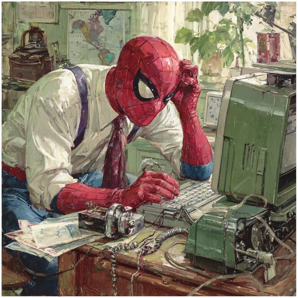 A painting depicts Spider-Man, in a white shirt and tie, sitting at a cluttered desk with an old computer.  His mask is on, and he rests his hand on his head, appearing pensive or stressed. The desk is cluttered with papers, a telephone, and other office equipment.  The overall style is reminiscent of vintage comic book art, with a painterly texture and muted color palette. The scene suggests a blend of superhero identity and everyday life.