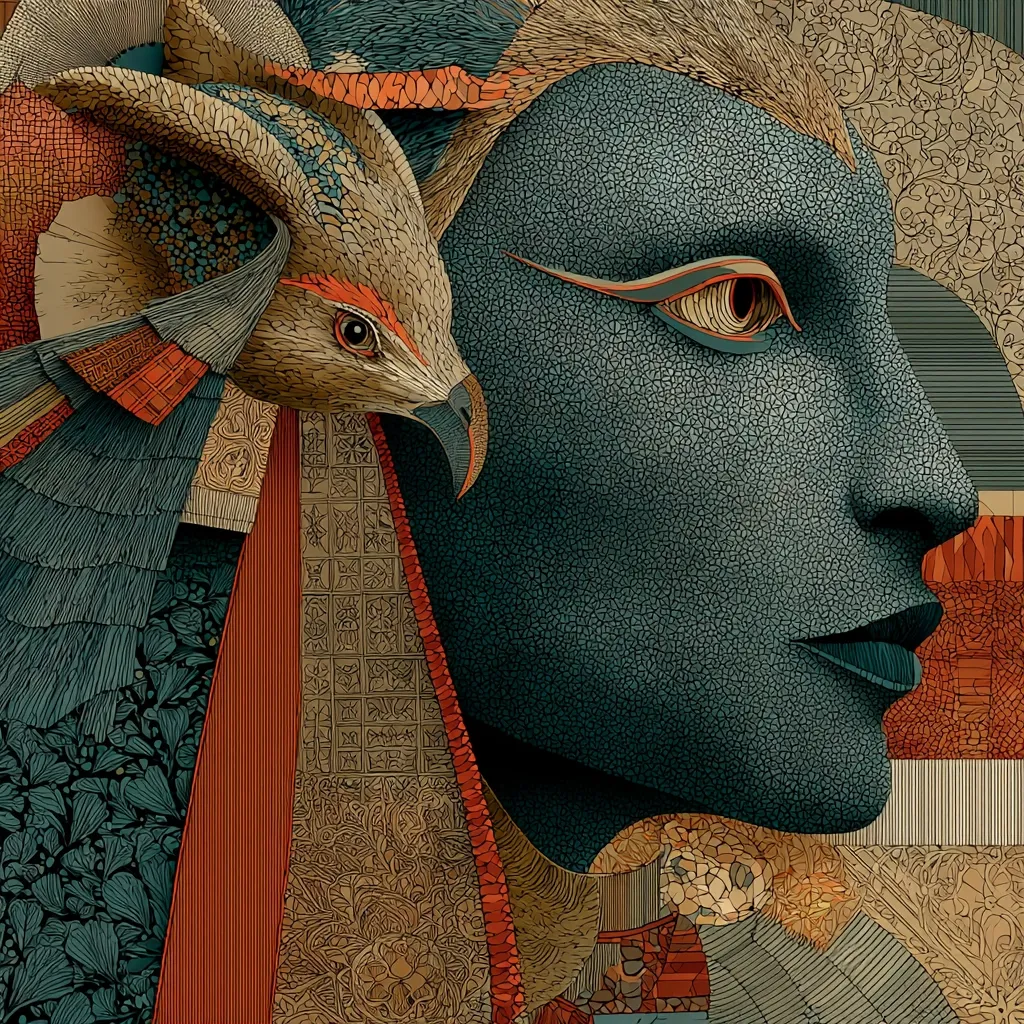 A stylized portrait blends a woman's profile with an avian creature, creating a mystical, almost Egyptian-inspired image.  Rich teal, ochre, and burnt orange hues dominate the intricately detailed artwork.  The woman's face is textured like mosaic tiles, while the bird’s plumage displays a similar patterned complexity.  Geometric and floral motifs intertwine throughout the piece, contributing to its opulent and enigmatic feel.