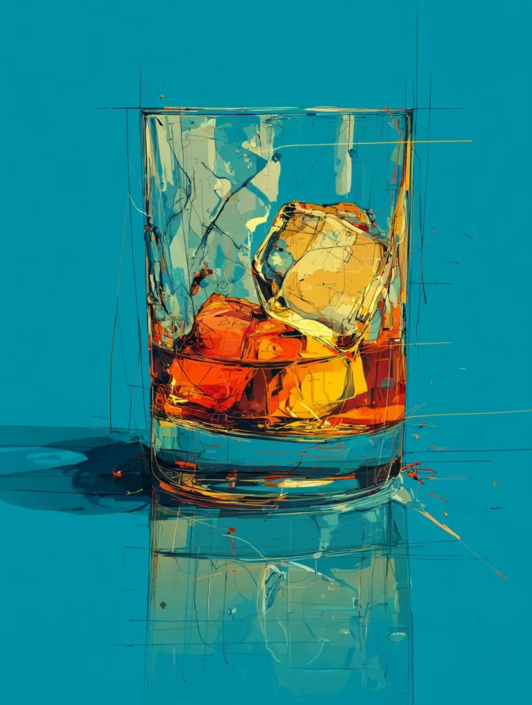 A stylized painting depicts a rocks glass filled with amber liquid and ice cubes.  The vibrant colors and expressive brushstrokes create a dynamic, almost abstract representation. The glass casts a reflection onto a teal surface, adding depth and enhancing the overall artistic effect. The style is reminiscent of impressionism or expressionism, focusing on capturing the feeling and essence of the scene rather than precise detail.