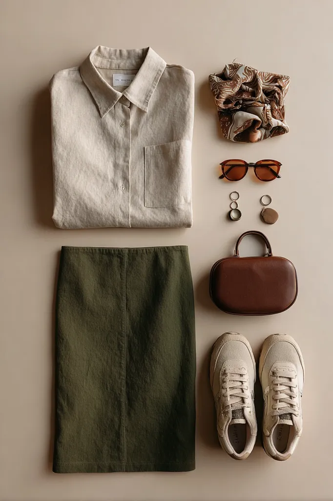 A beige linen shirt, olive green pencil skirt, brown handbag, and off-white sneakers are arranged on a neutral background.  Brown tortoiseshell sunglasses, and a brown patterned scarf complete the stylish flat lay, alongside simple gold earrings and stone pendants. The overall aesthetic is minimalist and earthy.