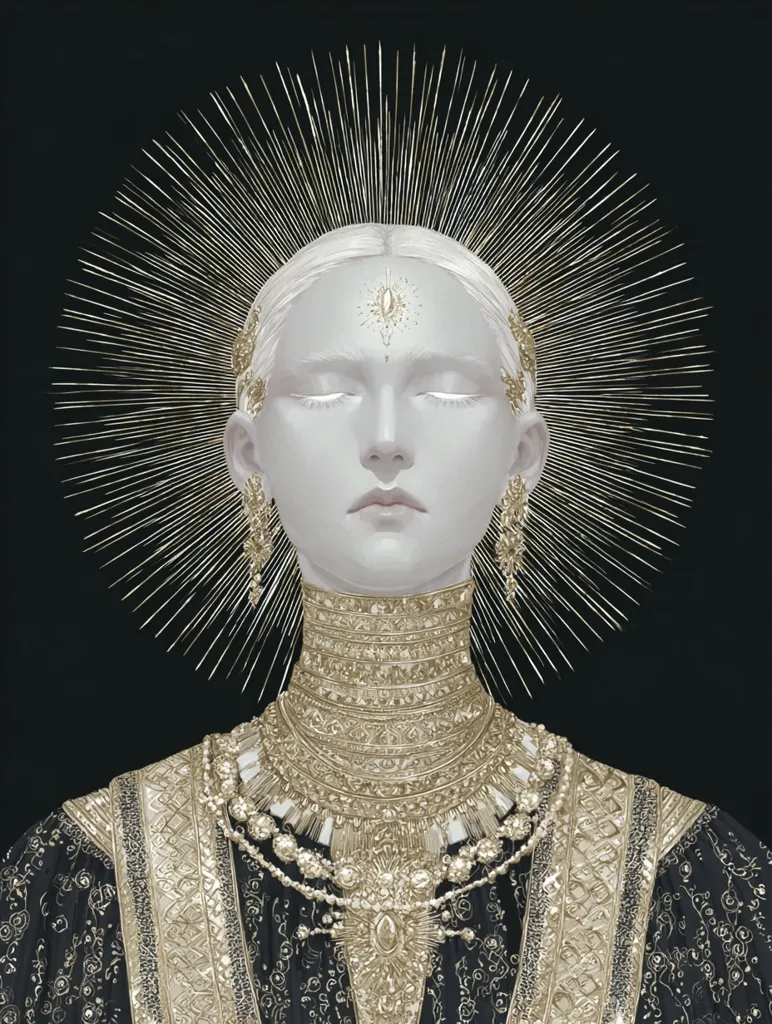 A serene, pale-skinned woman is depicted, adorned in elaborate gold jewelry and a radiant sunburst headdress.  Her eyes are closed, suggesting a state of tranquility or meditation. The gold ornamentation is intricate and detailed, contrasting beautifully against her pale skin and the dark background.  The overall aesthetic is one of ethereal beauty and regal power.