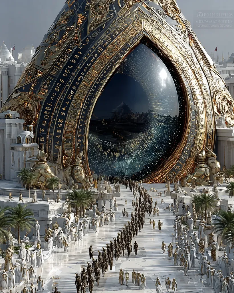 A grand, ornate golden archway, inscribed with ancient symbols, dominates the scene.  It features a large, dark, eye-like central opening, revealing a distant landscape.  Below, a procession of figures in white and dark robes moves along a wide, white plaza towards the arch. Palm trees and white buildings create a majestic, almost otherworldly setting. The overall style suggests a blend of ancient and futuristic architecture.