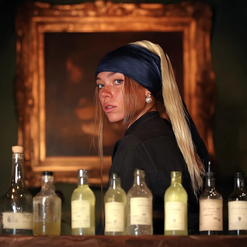 A young woman, styled in a nod to Vermeer's "Girl with a Pearl Earring,"  looks over her shoulder. She wears a dark blue headscarf and a black shirt.  Her blonde hair flows down her back.  Behind her, a large, ornately framed painting hangs on the wall. In the foreground, a row of small glass bottles sits on a dark wooden surface.  The overall mood is one of artistic homage and subtle mystery.