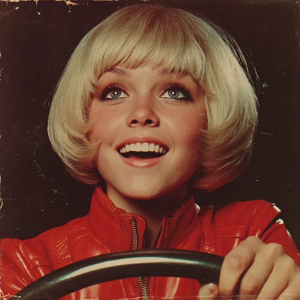 A young woman with a blonde bob haircut smiles joyfully while behind the wheel of a car. She wears a vibrant red leather jacket. The image evokes a retro aesthetic, possibly from the 1960s or 70s,  with its stylistic choices and slightly worn appearance suggesting a vintage photograph or print. The focus is on her cheerful expression and the bright color of her jacket against a dark background.