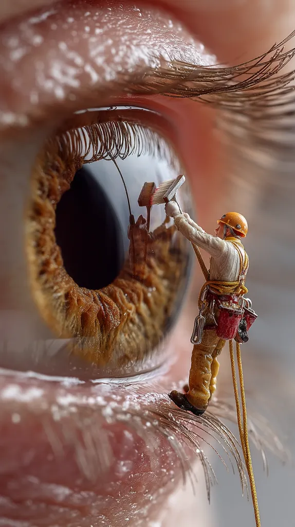 A miniature worker, harnessed and wearing a helmet, meticulously cleans a human eye.  He uses a small brush on a long handle, his reflection visible in the brown iris. The extreme close-up showcases the detail of the eyelashes and the eye's texture, creating a surreal juxtaposition of scale and context.  The image is highly detailed and visually striking.