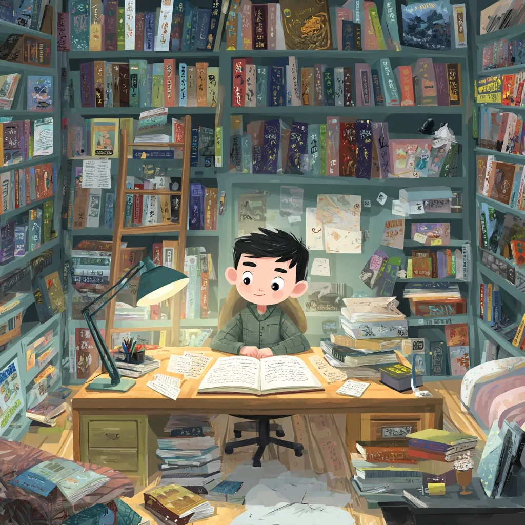 A young boy sits at a desk in a room overflowing with books.  Surrounded by towering bookshelves packed floor to ceiling, he diligently reads from a large open book.  The desk is cluttered with papers and more books, creating a cozy, studious atmosphere.  A desk lamp illuminates his work, casting a warm light in the book-filled haven. The scene is charmingly illustrated in a childlike style.