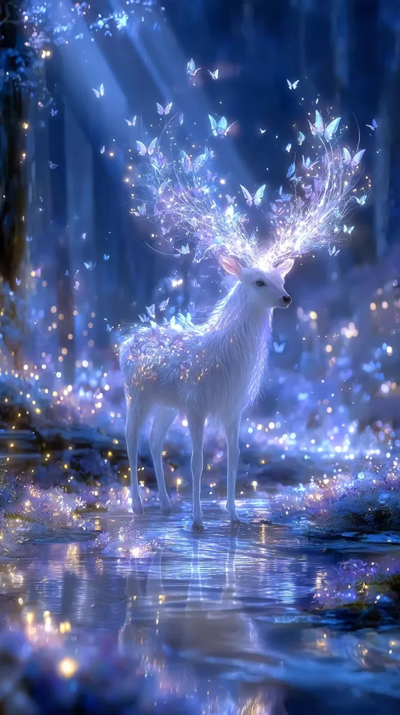 A luminous white deer, adorned with antlers crafted from glowing butterflies and ethereal light, stands in a tranquil, moonlit forest.  Surrounding it, countless shimmering butterflies and sparkling lights create a magical atmosphere. The deer's reflection mirrors the enchanting scene in the calm, blue water. The overall image evokes a sense of wonder and fantasy.