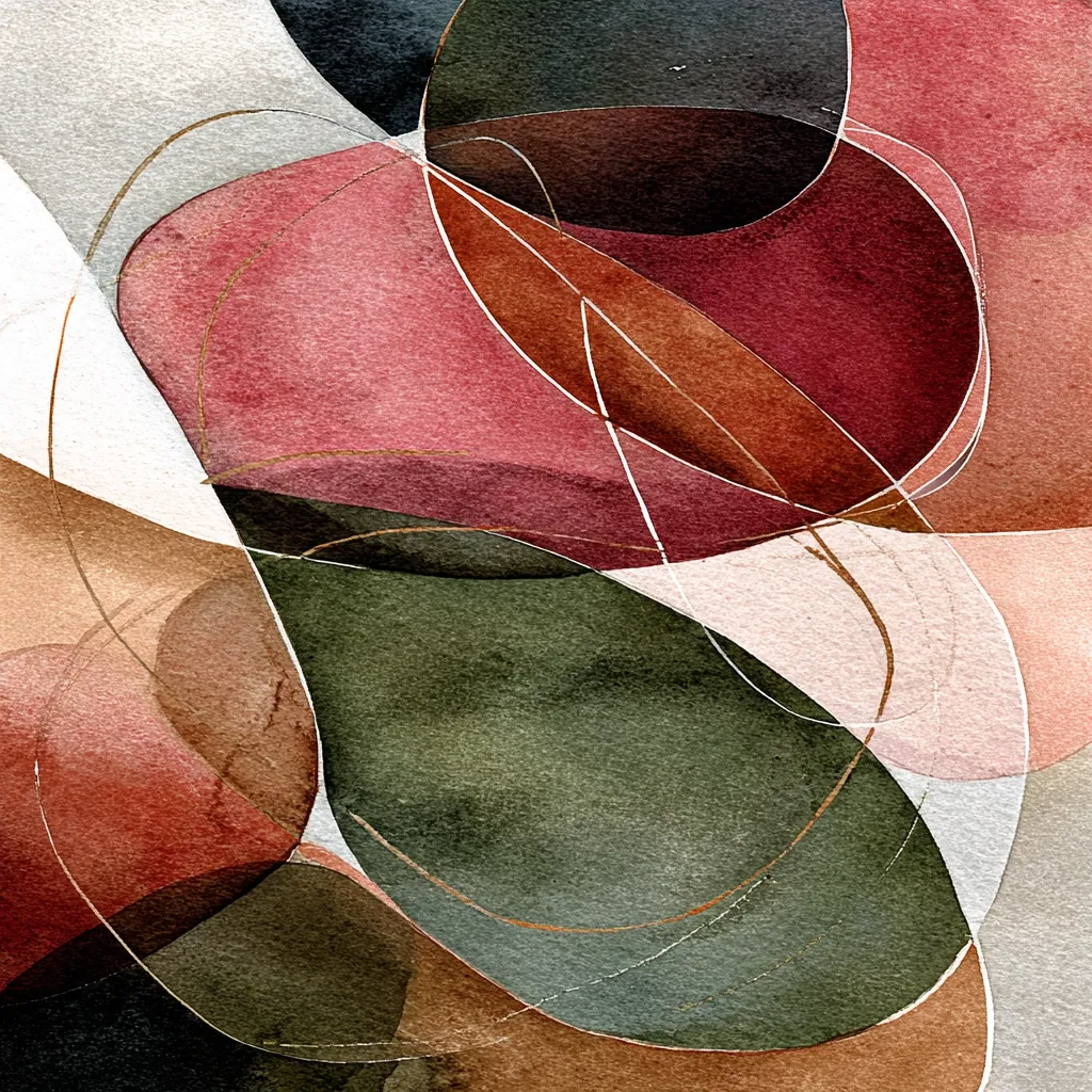 An abstract watercolor painting features overlapping organic shapes in muted earth tones.  Reds, browns, greens, and creams blend seamlessly, creating a sense of depth and movement.  Delicate gold lines weave through the composition, adding a touch of elegance and connecting the various forms. The overall effect is one of serene fluidity and understated beauty.